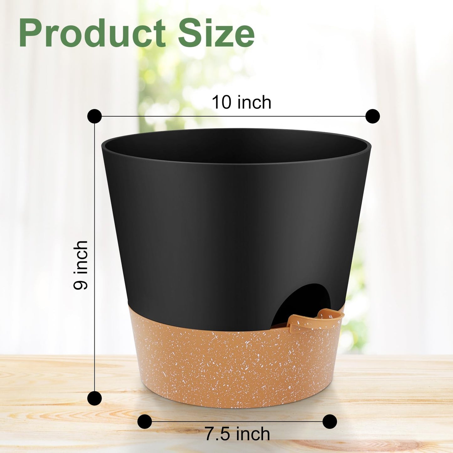 Indoor Self Watering Planters with Drainage Holes and Saucers, 8, 7, 6.5, 6, 5.5, 5 Inches, Black, 6 Pots