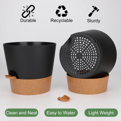 Indoor Self Watering Planters with Drainage Holes and Saucers, 8, 7, 6.5, 6, 5.5, 5 Inches, Black, 6 Pots