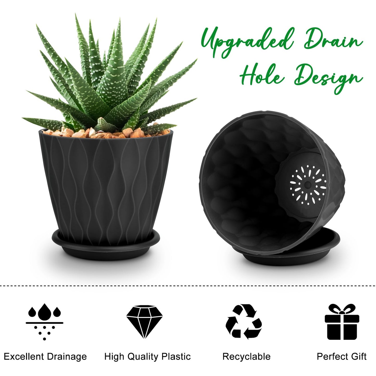 6 inch Plant Pots, 5 Pack Flower Pots Outdoor Indoor, Planters with Drainage Holes and Tray Saucers（Multicolor）