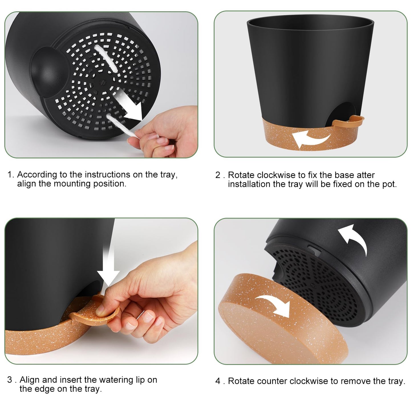 Indoor Self Watering Planters with Drainage Holes and Saucers, 8, 7, 6.5, 6, 5.5, 5 Inches, Black, 6 Pots