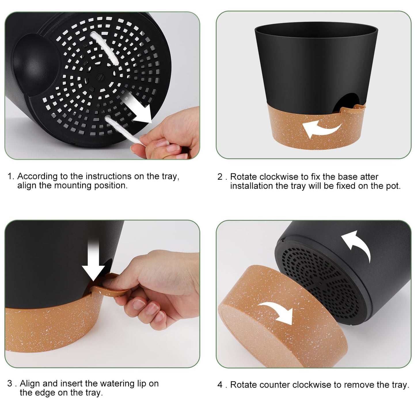 Indoor Self Watering Planters with Drainage Holes and Saucers, 8, 7, 6.5, 6, 5.5, 5 Inches, Black, 6 Pots