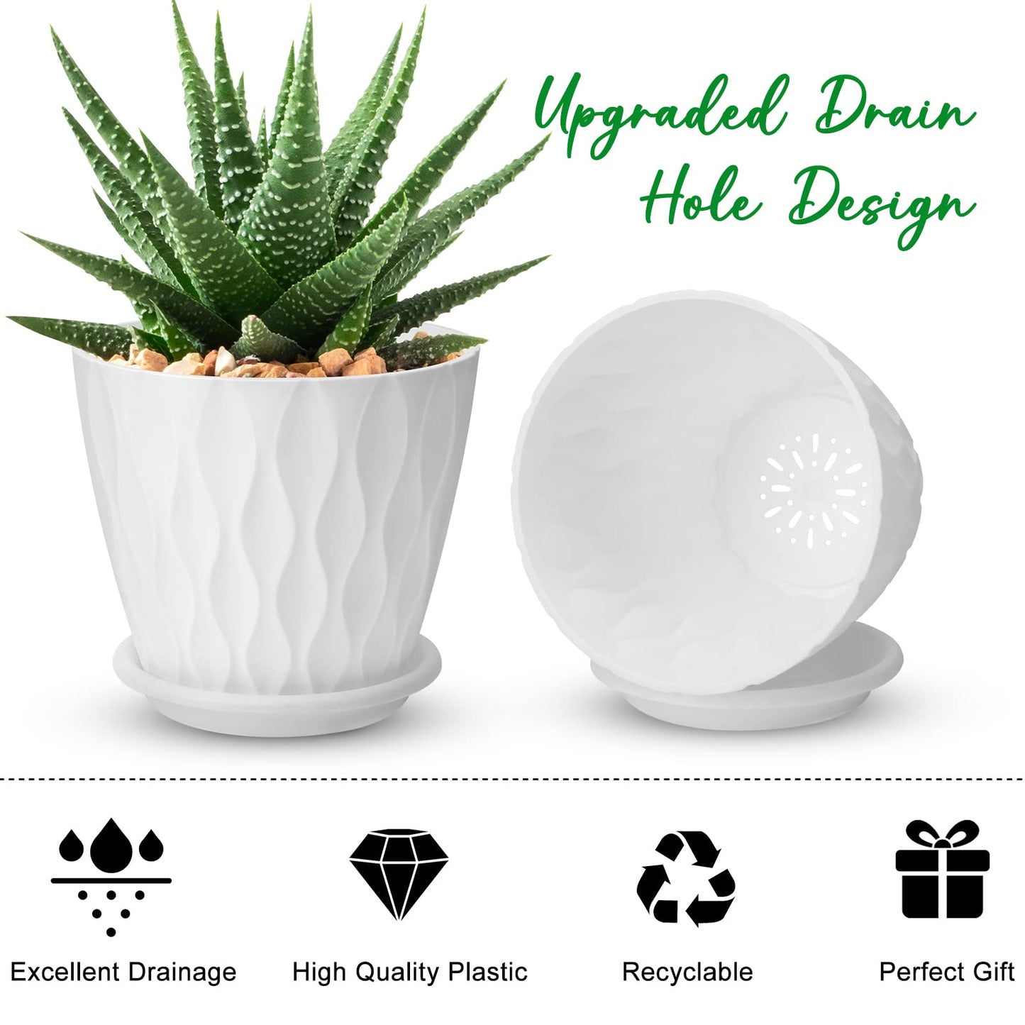 6 inch Plant Pots, 5 Pack Flower Pots Outdoor Indoor, Planters with Drainage Holes and Tray Saucers（Multicolor）