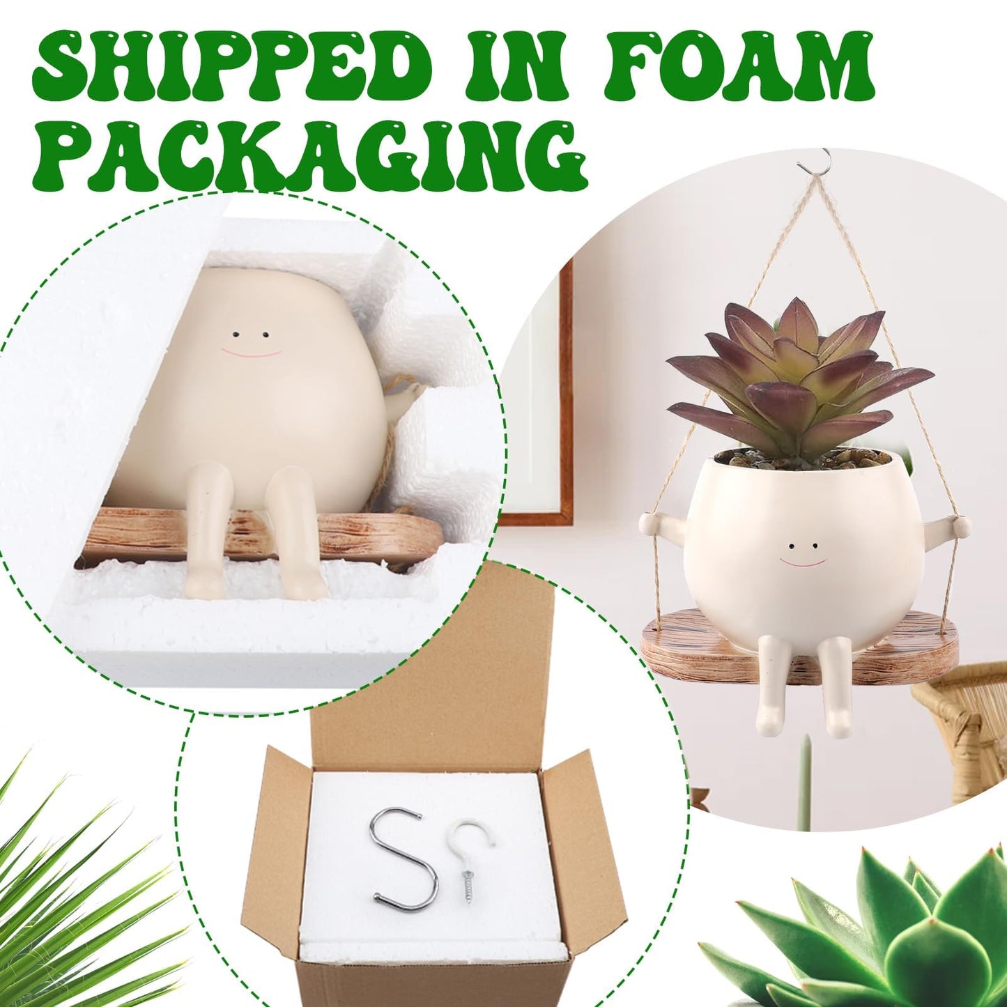 Glossy Swing Smiley Face Planter Pot Head, Small Hanging Planter for Indoor Outdoor Plants, Cute Hanging Flower Pot for String of Pearls Plant Live, Birthday Gifts