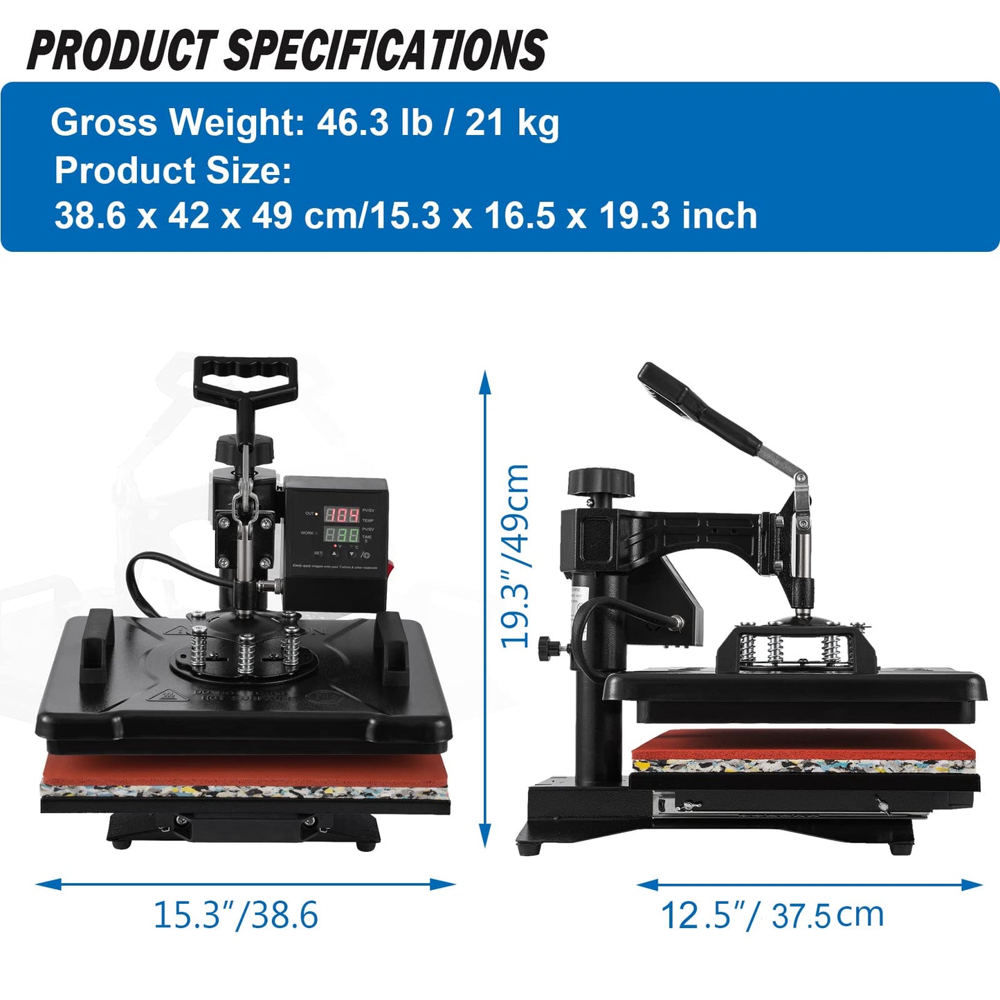 5 in 1 Heat Press Machine, 12x15 inch Swing Away Heat Press for Sublimation, T Shirt Pressing Machine Multifunction, Heat Press Transfer Machine Combo for T-Shirt Hat Cap Mug Plate Cap