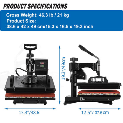 5 in 1 Heat Press Machine, 12x15 inch Swing Away Heat Press for Sublimation, T Shirt Pressing Machine Multifunction, Heat Press Transfer Machine Combo for T-Shirt Hat Cap Mug Plate Cap