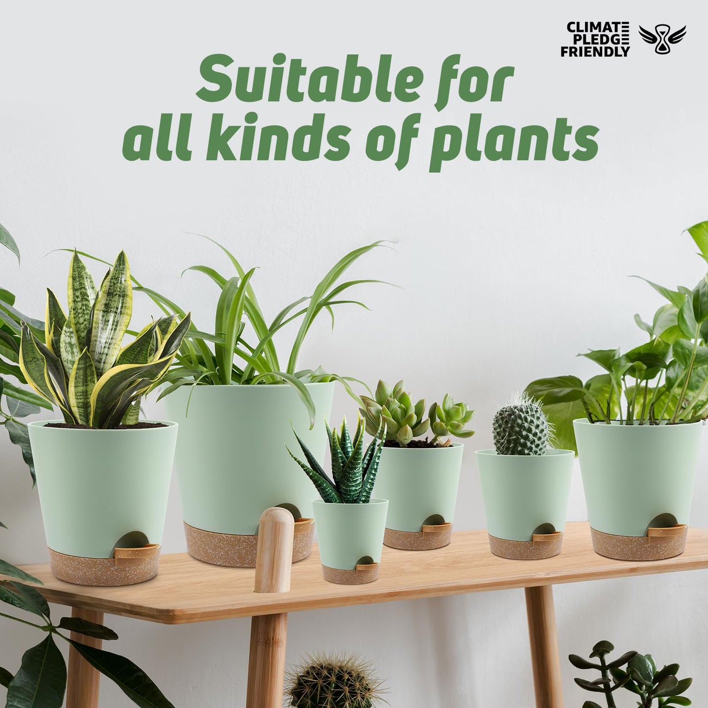 Indoor Self Watering Planters with Drainage Holes and Saucers, 8, 7, 6.5, 6, 5.5, 5 Inches, Black, 6 Pots