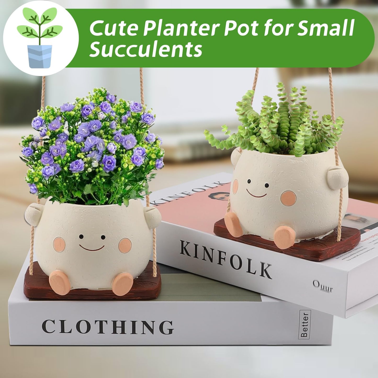 Glossy Swing Smiley Face Planter Pot Head, Small Hanging Planter for Indoor Outdoor Plants, Cute Hanging Flower Pot for String of Pearls Plant Live, Birthday Gifts