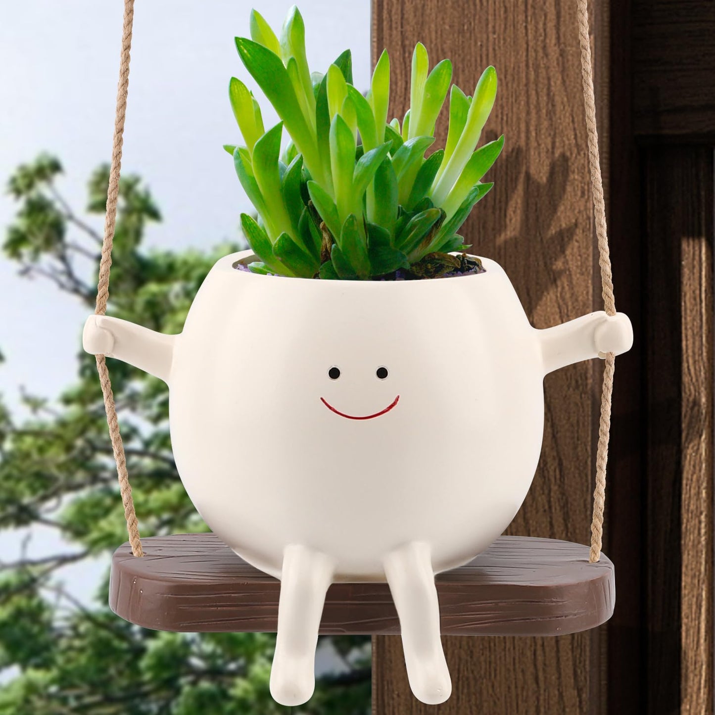 Glossy Swing Smiley Face Planter Pot Head, Small Hanging Planter for Indoor Outdoor Plants, Cute Hanging Flower Pot for String of Pearls Plant Live, Birthday Gifts