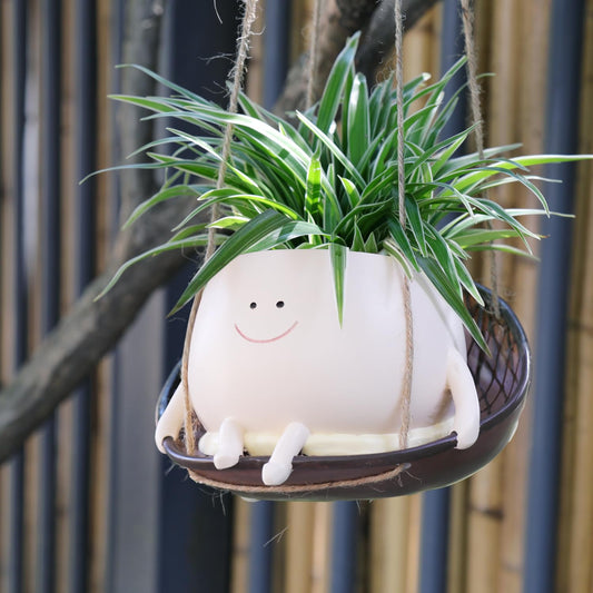 Hanging Hammock Planter Pot Swing Smile Face Planter for String of Pearls Plant Live Resin Head Flower Pots for Indoor Outdoor Plant Gift Ideas for Mother Day, Christmas