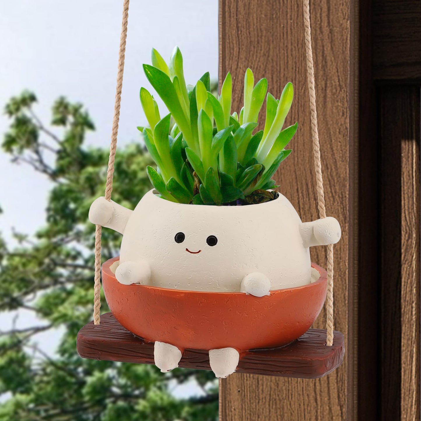 Glossy Swing Smiley Face Planter Pot Head, Small Hanging Planter for Indoor Outdoor Plants, Cute Hanging Flower Pot for String of Pearls Plant Live, Birthday Gifts
