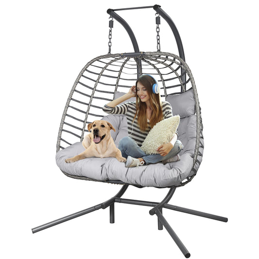 HWB Hanging Egg Chair with Stand, Patio Wicker Hammock Egg Swing Chair with Cushion for Bedroom Garden Indoor Outdoor (Beige)