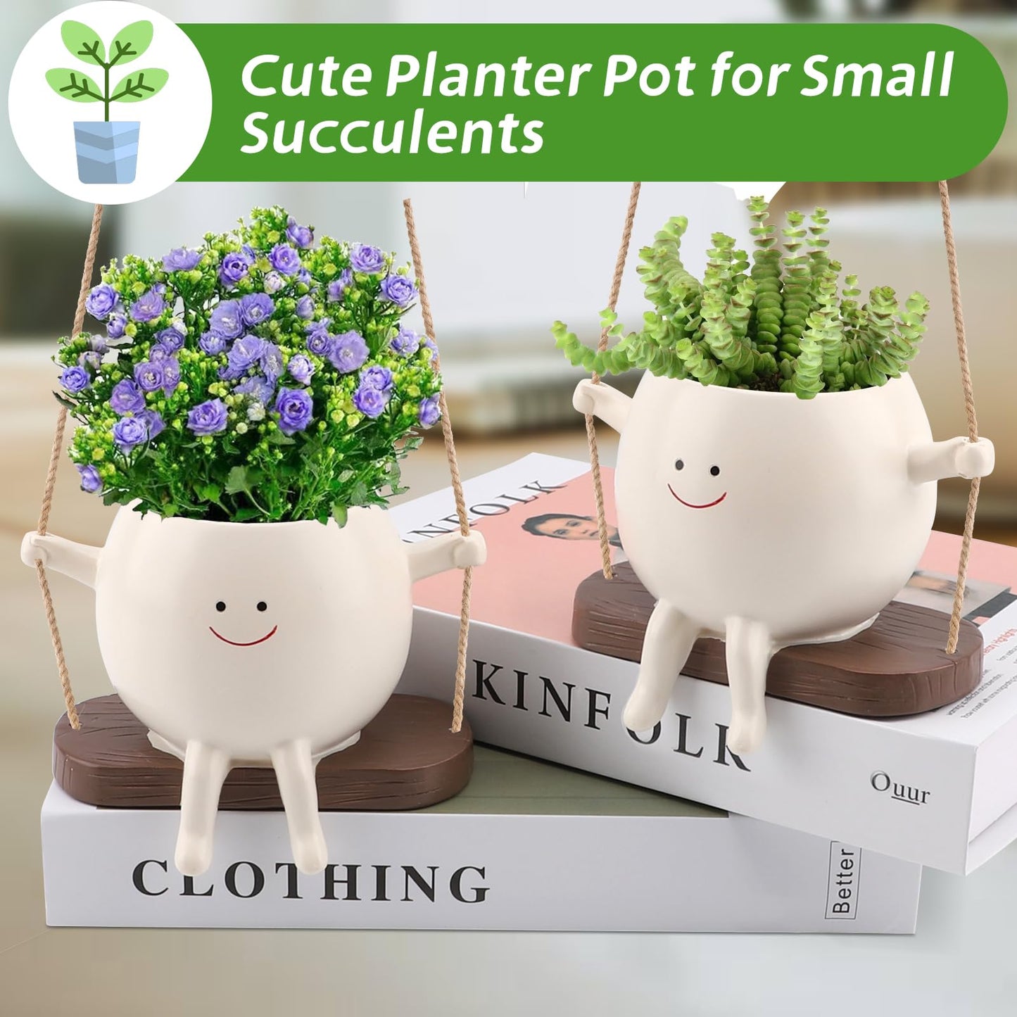 Glossy Swing Smiley Face Planter Pot Head, Small Hanging Planter for Indoor Outdoor Plants, Cute Hanging Flower Pot for String of Pearls Plant Live, Birthday Gifts
