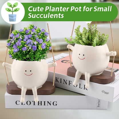 Glossy Swing Smiley Face Planter Pot Head, Small Hanging Planter for Indoor Outdoor Plants, Cute Hanging Flower Pot for String of Pearls Plant Live, Birthday Gifts