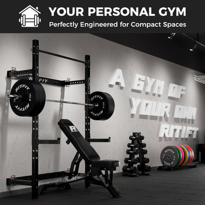 RitFit Multi-Functional Folding Squat Rack for Home Gym, 2.36'' x 2.36'' Wall Mounted Squat Rack with Attachments - Space Saving Squat Power Rack
