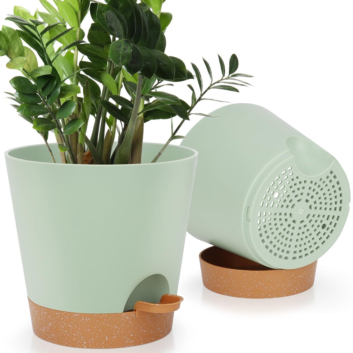 Indoor Self Watering Planters with Drainage Holes and Saucers, 8, 7, 6.5, 6, 5.5, 5 Inches, Black, 6 Pots