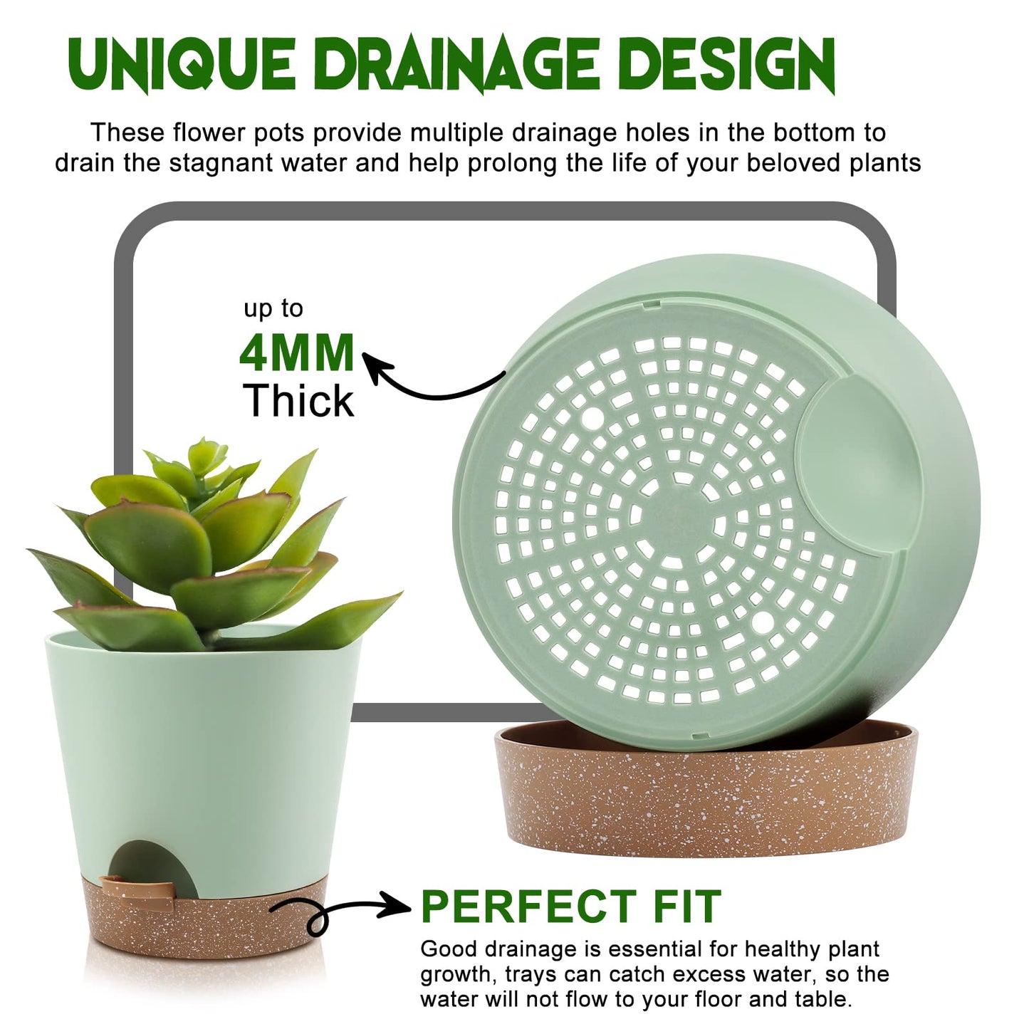 Indoor Self Watering Planters with Drainage Holes and Saucers, 8, 7, 6.5, 6, 5.5, 5 Inches, Black, 6 Pots