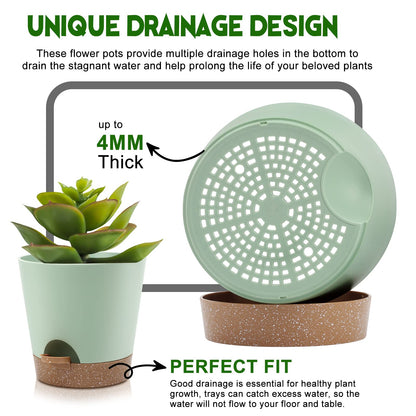 Indoor Self Watering Planters with Drainage Holes and Saucers, 8, 7, 6.5, 6, 5.5, 5 Inches, Black, 6 Pots
