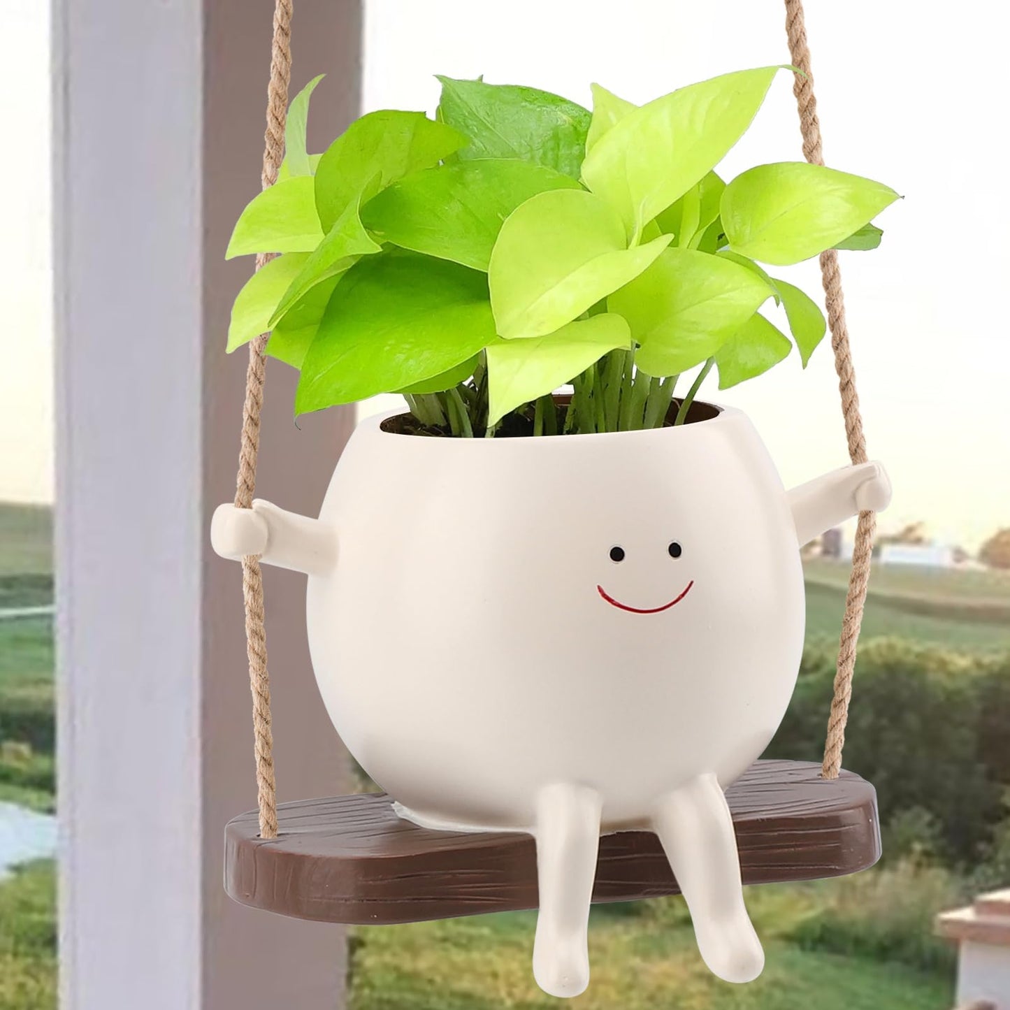 Glossy Swing Smiley Face Planter Pot Head, Small Hanging Planter for Indoor Outdoor Plants, Cute Hanging Flower Pot for String of Pearls Plant Live, Birthday Gifts