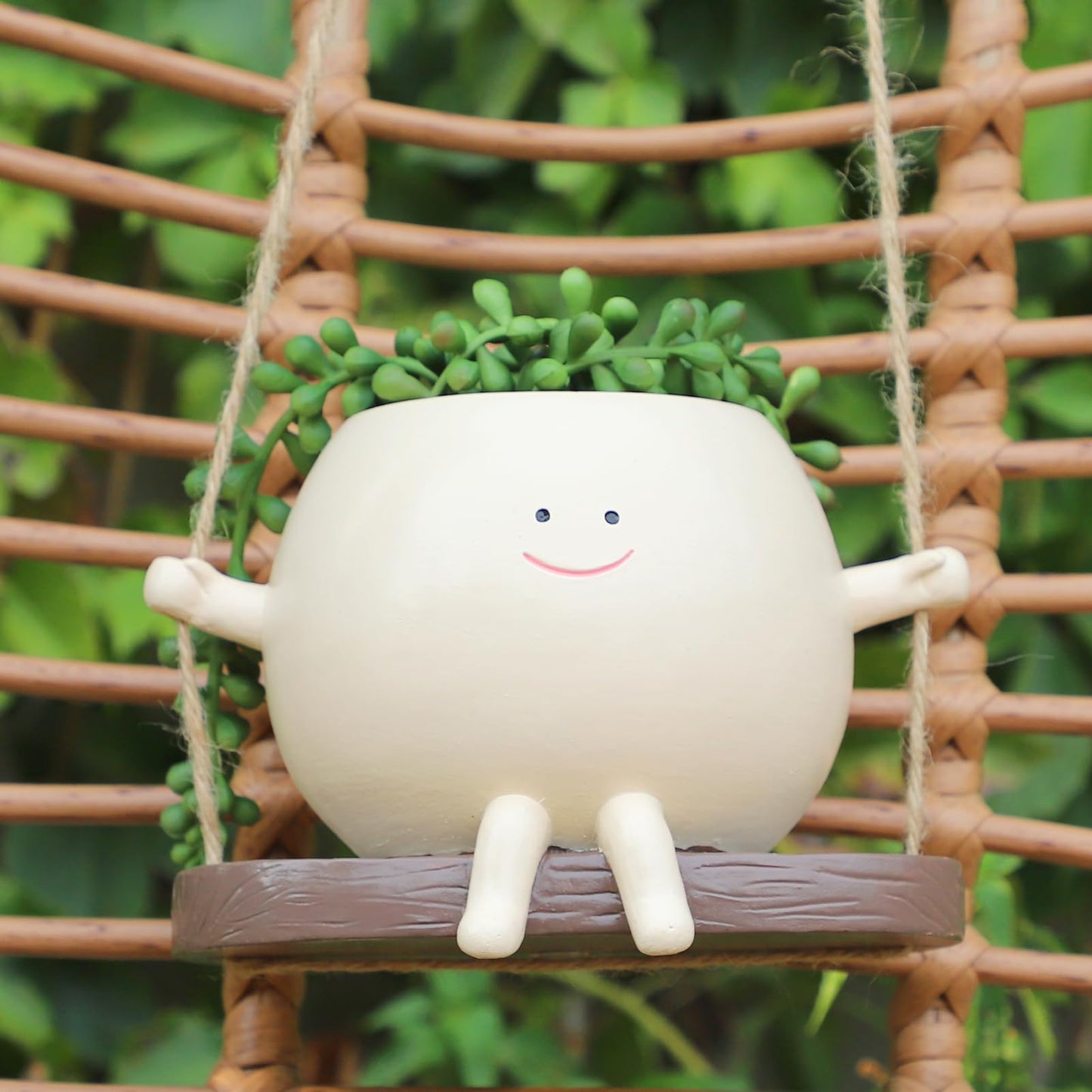 Glossy Swing Smiley Face Planter Pot Head, Small Hanging Planter for Indoor Outdoor Plants, Cute Hanging Flower Pot for String of Pearls Plant Live, Birthday Gifts
