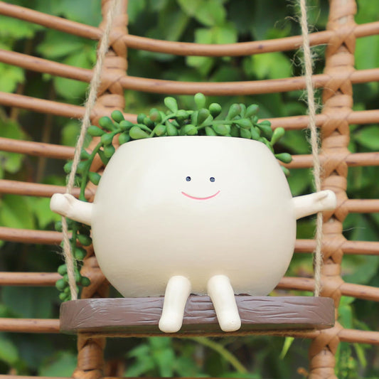 Glossy Swing Smiley Face Planter Pot Head, Small Hanging Planter for Indoor Outdoor Plants, Cute Hanging Flower Pot for String of Pearls Plant Live, Birthday Gifts