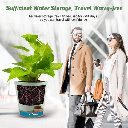 Indoor Self Watering Planters with Drainage Holes and Saucers, 8, 7, 6.5, 6, 5.5, 5 Inches, Black, 6 Pots