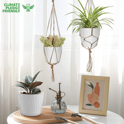 Indoor Self Watering Planters with Drainage Holes and Saucers, 8, 7, 6.5, 6, 5.5, 5 Inches, Black, 6 Pots
