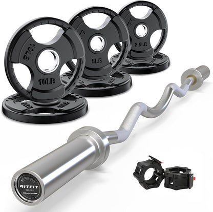 RitFit 2 Inch EZ Curl Bar with Weights, 700LBS Weight Capacity Olympic Curl Barbell for Bicep, Tricep and Weight Lifting Exercises