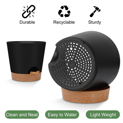 Indoor Self Watering Planters with Drainage Holes and Saucers, 8, 7, 6.5, 6, 5.5, 5 Inches, Black, 6 Pots