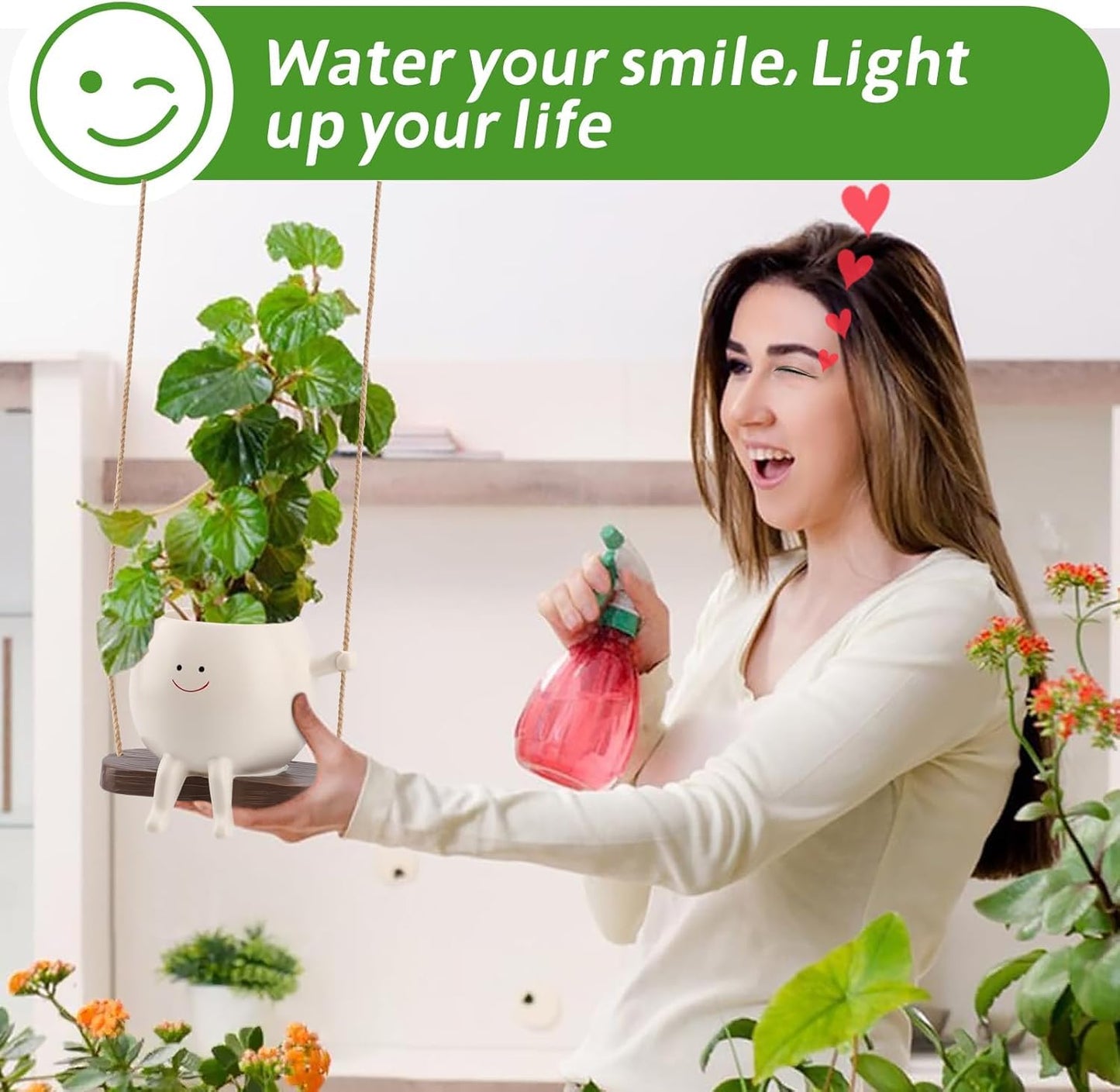Glossy Swing Smiley Face Planter Pot Head, Small Hanging Planter for Indoor Outdoor Plants, Cute Hanging Flower Pot for String of Pearls Plant Live, Birthday Gifts