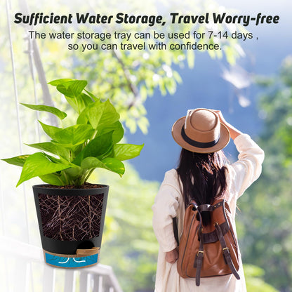 Indoor Self Watering Planters with Drainage Holes and Saucers, 8, 7, 6.5, 6, 5.5, 5 Inches, Black, 6 Pots