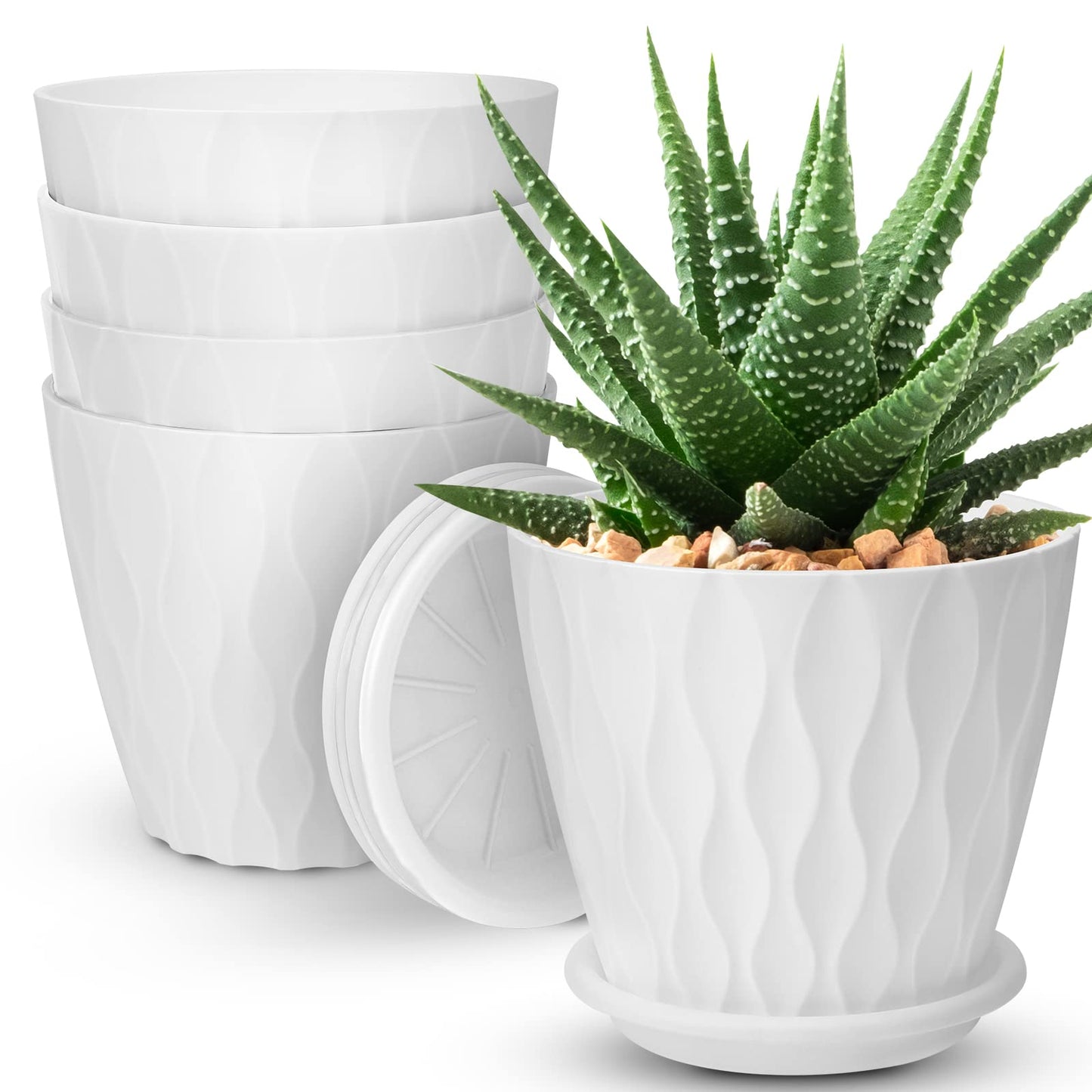 6 inch Plant Pots, 5 Pack Flower Pots Outdoor Indoor, Planters with Drainage Holes and Tray Saucers（Multicolor）