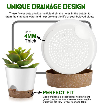 Indoor Self Watering Planters with Drainage Holes and Saucers, 8, 7, 6.5, 6, 5.5, 5 Inches, Black, 6 Pots
