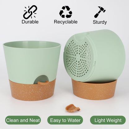 Indoor Self Watering Planters with Drainage Holes and Saucers, 8, 7, 6.5, 6, 5.5, 5 Inches, Black, 6 Pots