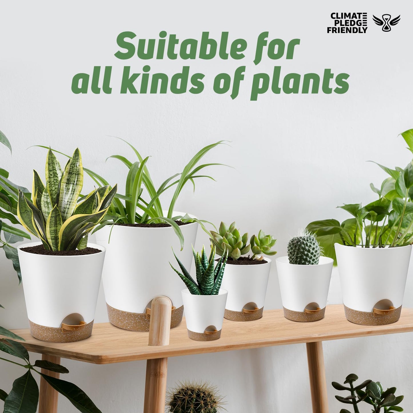 Indoor Self Watering Planters with Drainage Holes and Saucers, 8, 7, 6.5, 6, 5.5, 5 Inches, Black, 6 Pots