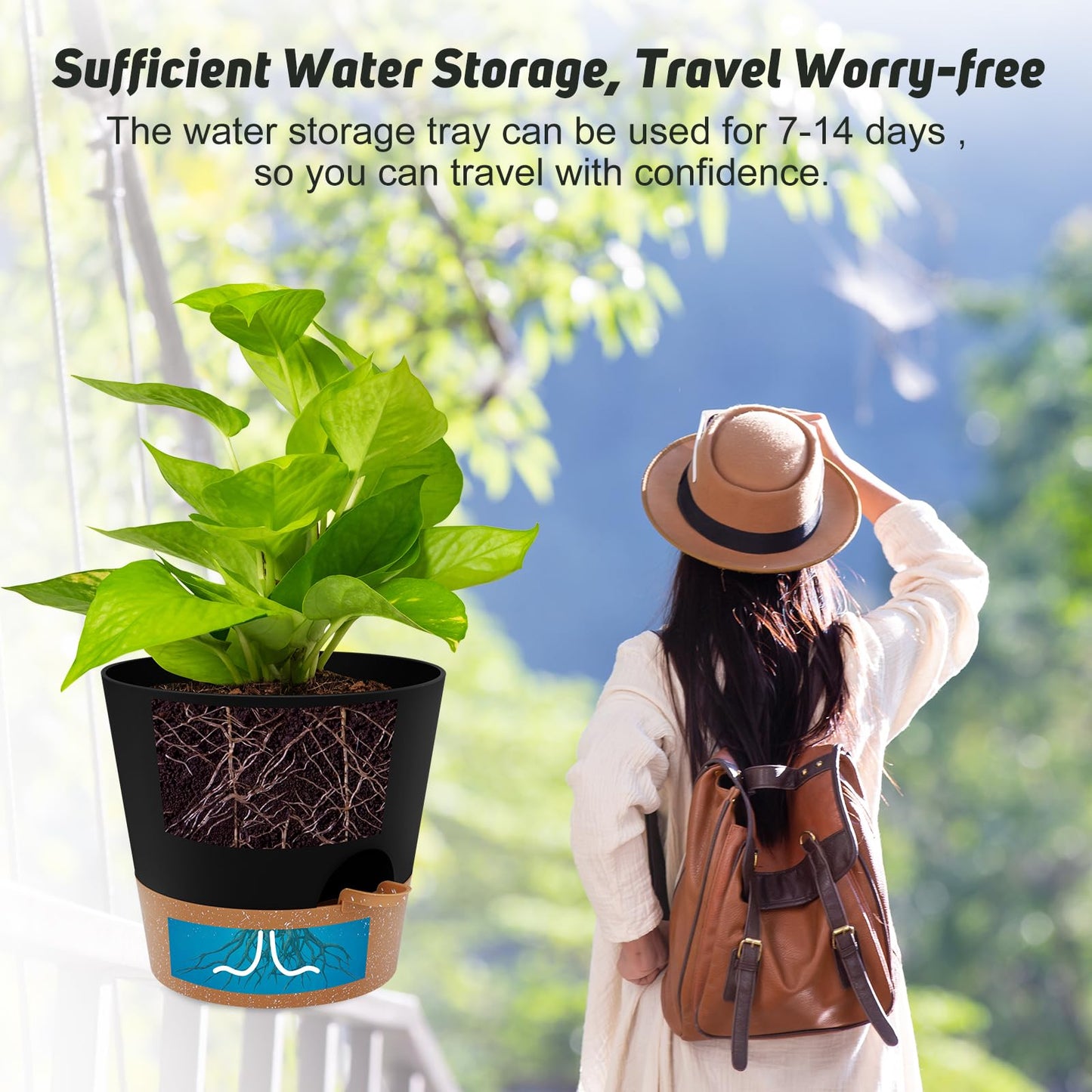 Indoor Self Watering Planters with Drainage Holes and Saucers, 8, 7, 6.5, 6, 5.5, 5 Inches, Black, 6 Pots