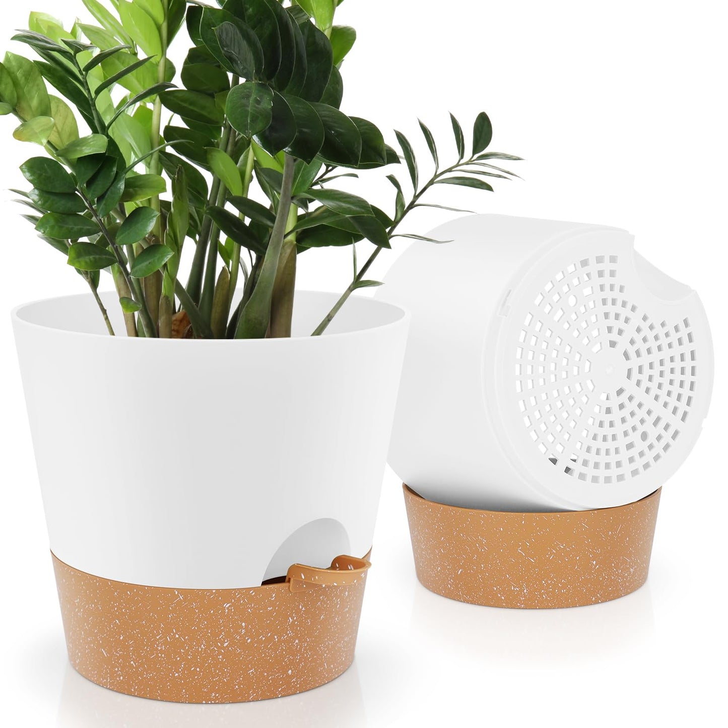 Indoor Self Watering Planters with Drainage Holes and Saucers, 8, 7, 6.5, 6, 5.5, 5 Inches, Black, 6 Pots