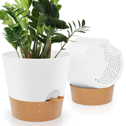 Indoor Self Watering Planters with Drainage Holes and Saucers, 8, 7, 6.5, 6, 5.5, 5 Inches, Black, 6 Pots