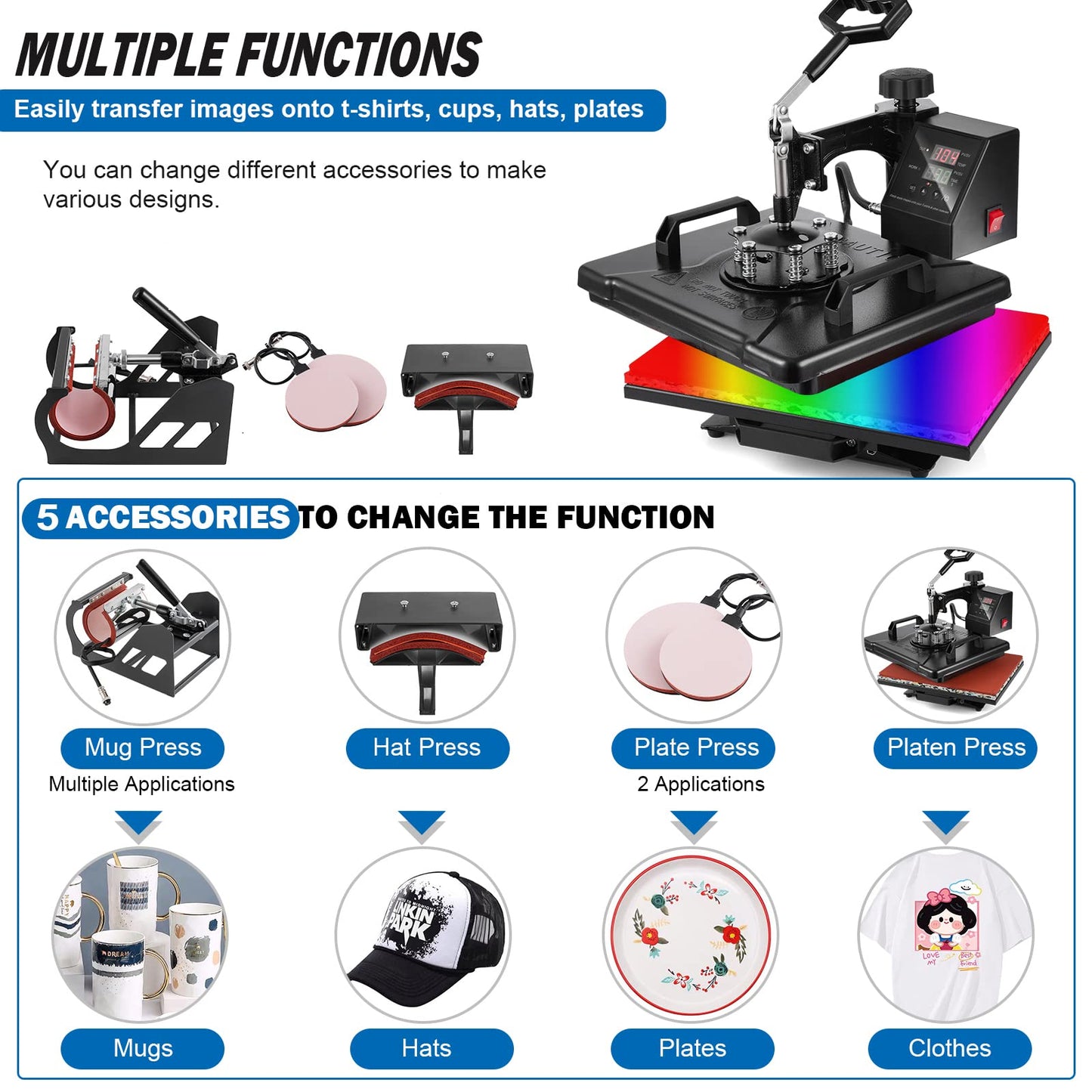 5 in 1 Heat Press Machine, 12x15 inch Swing Away Heat Press for Sublimation, T Shirt Pressing Machine Multifunction, Heat Press Transfer Machine Combo for T-Shirt Hat Cap Mug Plate Cap