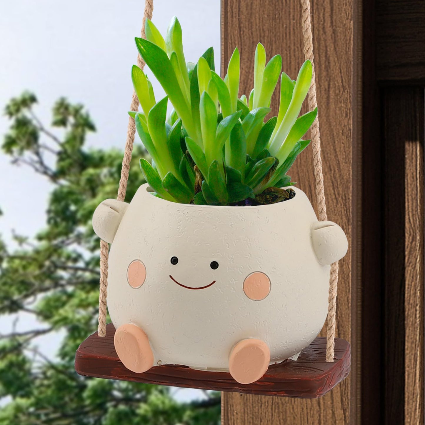 Glossy Swing Smiley Face Planter Pot Head, Small Hanging Planter for Indoor Outdoor Plants, Cute Hanging Flower Pot for String of Pearls Plant Live, Birthday Gifts