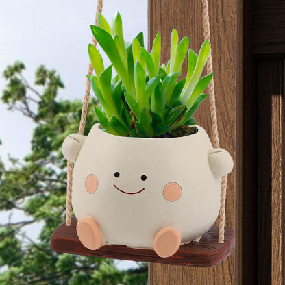 Glossy Swing Smiley Face Planter Pot Head, Small Hanging Planter for Indoor Outdoor Plants, Cute Hanging Flower Pot for String of Pearls Plant Live, Birthday Gifts