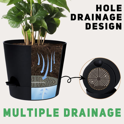 Indoor Self Watering Planters with Drainage Holes and Saucers, 8, 7, 6.5, 6, 5.5, 5 Inches, Black, 6 Pots
