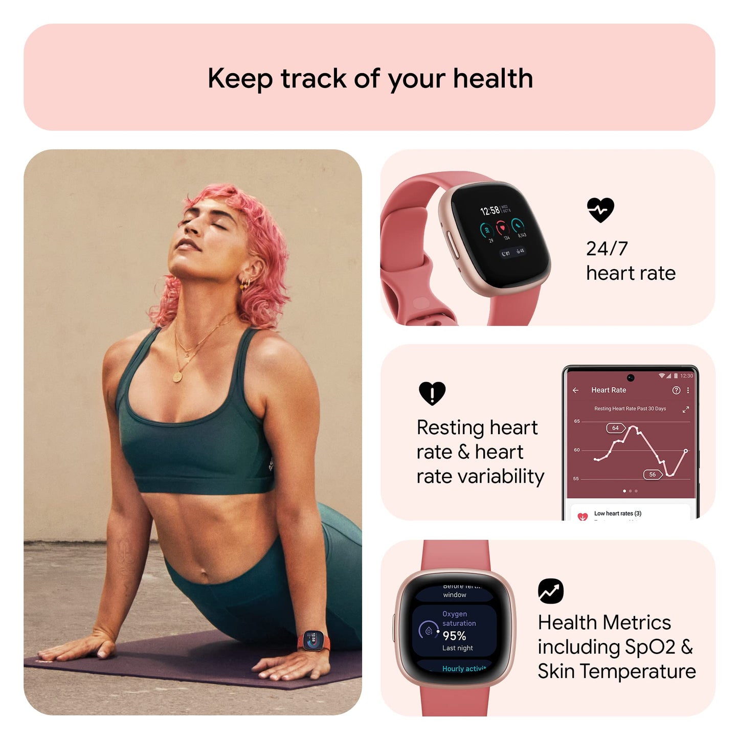 Fitbit Versa 4 Fitness Smartwatch with Daily Readiness, GPS, 24/7 Heart Rate, 40+ Exercise Modes, Sleep Tracking and more, Black/Graphite, One Size (S & L Bands Included)