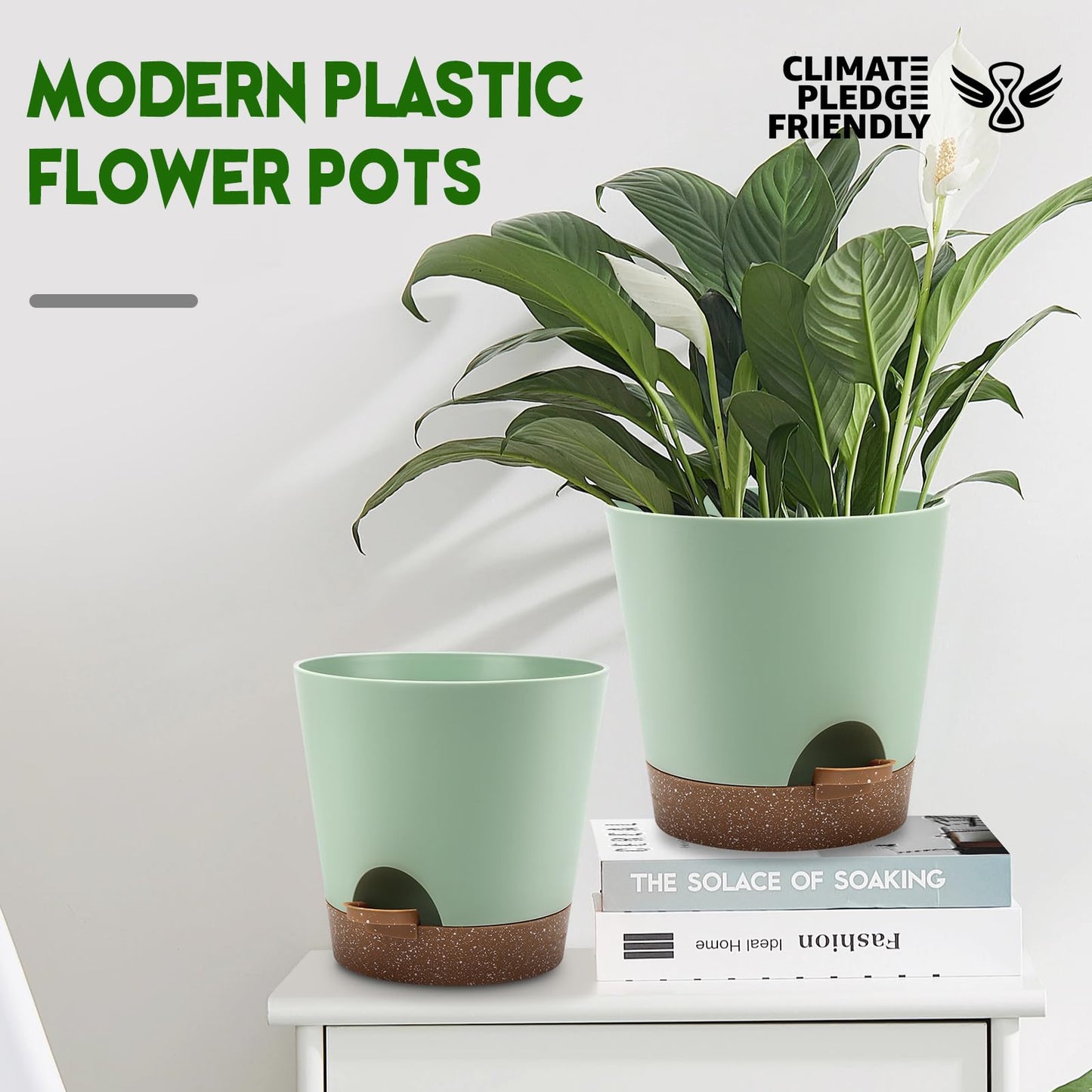 Indoor Self Watering Planters with Drainage Holes and Saucers, 8, 7, 6.5, 6, 5.5, 5 Inches, Black, 6 Pots