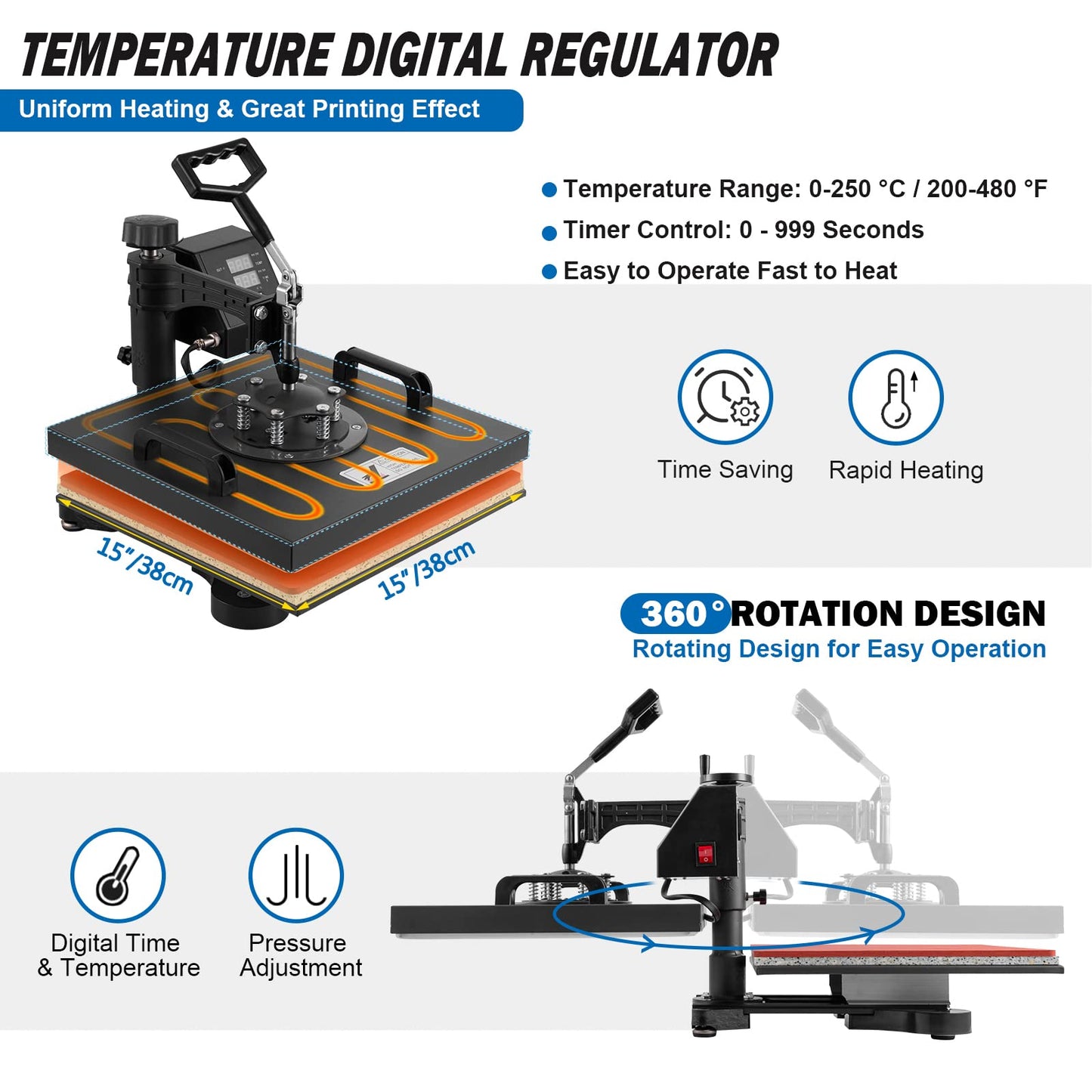 5 in 1 Heat Press Machine, 12x15 inch Swing Away Heat Press for Sublimation, T Shirt Pressing Machine Multifunction, Heat Press Transfer Machine Combo for T-Shirt Hat Cap Mug Plate Cap
