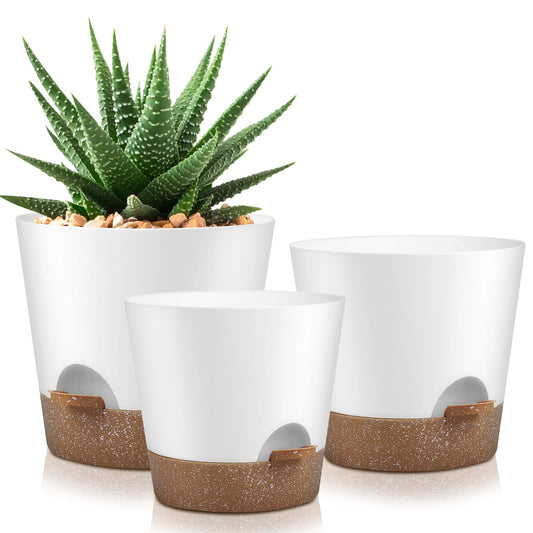 Indoor Self Watering Planters with Drainage Holes and Saucers, 8, 7, 6.5, 6, 5.5, 5 Inches, Black, 6 Pots