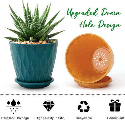 6 inch Plant Pots, 5 Pack Flower Pots Outdoor Indoor, Planters with Drainage Holes and Tray Saucers（Multicolor）