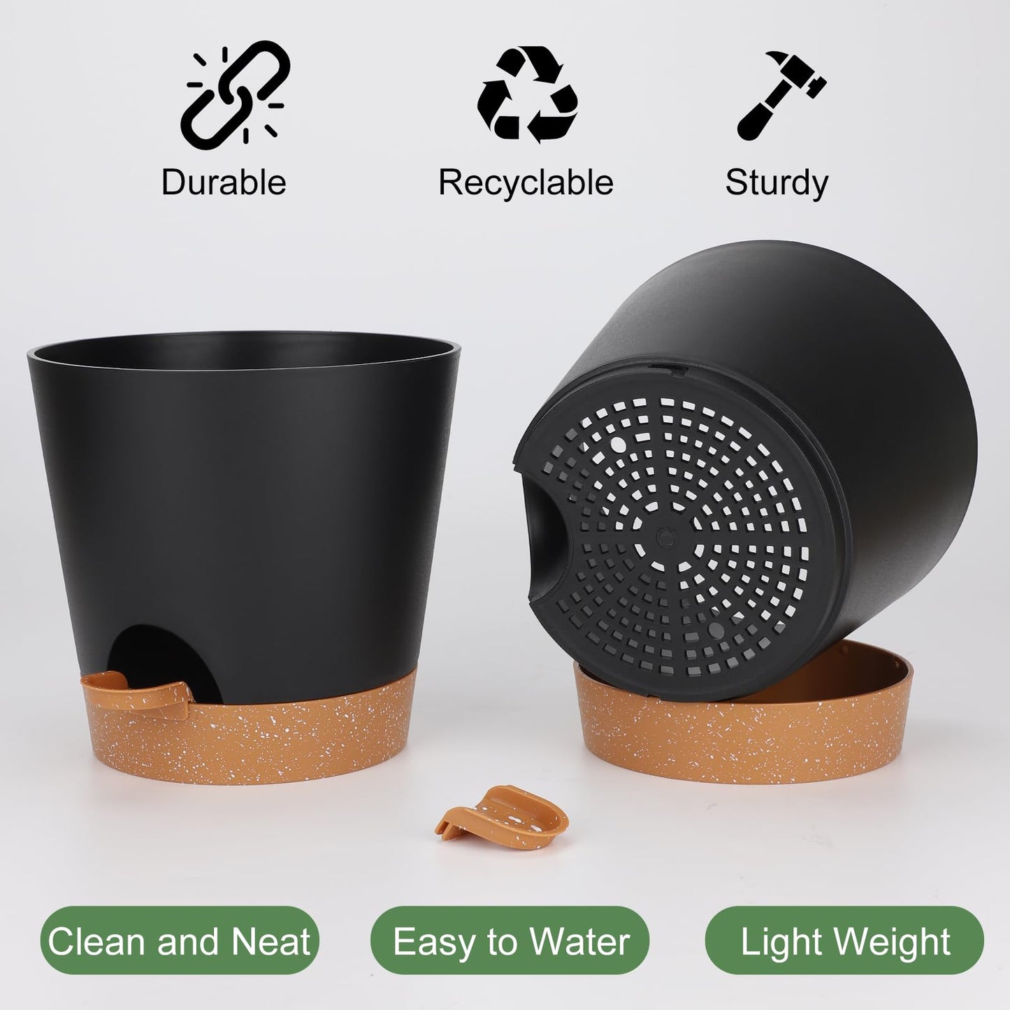 Indoor Self Watering Planters with Drainage Holes and Saucers, 8, 7, 6.5, 6, 5.5, 5 Inches, Black, 6 Pots