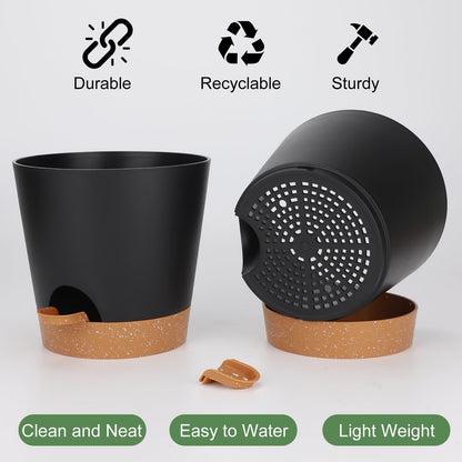 Indoor Self Watering Planters with Drainage Holes and Saucers, 8, 7, 6.5, 6, 5.5, 5 Inches, Black, 6 Pots