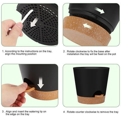 Indoor Self Watering Planters with Drainage Holes and Saucers, 8, 7, 6.5, 6, 5.5, 5 Inches, Black, 6 Pots