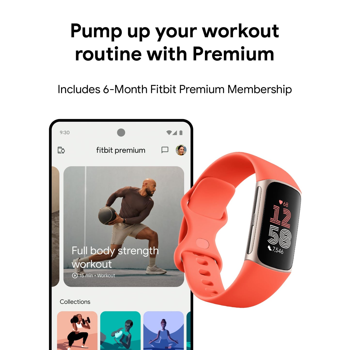 Fitbit Charge 6 Fitness Tracker with Google apps, Heart Rate on Exercise Equipment, 6-Months Premium Membership Included, GPS, Health Tools and More, Porcelain/Silver, One Size (S & L Bands Included)